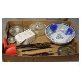 NS: TRAY LOT W/ PEWTER, POTTERY & MORE