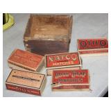 S: EARLY MATCHBOXES IN OLD WOODEN BOX - 2 OF THE