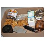 NS: BOX LOT W/ PEANUT TIN, CLOCK, DRILL BITS &