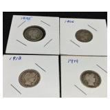 S: 4 BARBER DIMES 1905 08-D 12-D 14-D