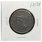 S: 1839 LARGE CENT VF20