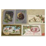 SHIP: 5 C.1910 CHRISTMAS POSTCARDS - ANIMALS