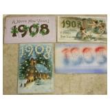 SHIP: 4 DIFFERENT 1908 NEW YEARS POSTCARDS