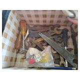 Box full of antique wrenches and more