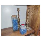 Two candlesticks plus two jars full of blue