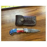 Hand Forged Damascus Folding Knife w/ Leather Case