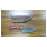 Custom Damascus Guthook Skinning Knife with Sheath