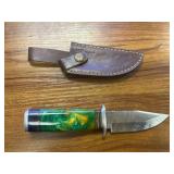 Damascus Hunting Knife w/ Leather Sheath