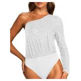FAIABLE Sequin Top One Shoulder Top Long Sleeve Se