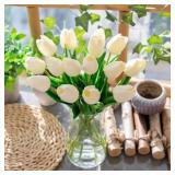 LUEUR White Tulips Artificial Flowers with Vase, 1