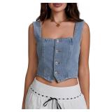 Women Denim Crop Vest Y2k Button Down Sleeveless C