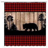 Rustic Bear Shower Curtain Red Black Buffalo Check