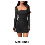oten Women Mesh Long Sleeve Square Neck Mini Dress