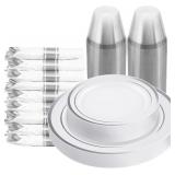 175 PCS White and Silver Plastic Dinnerware Set fo