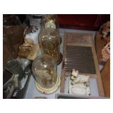 WASH BOARD, CLOCKS, CHALK DOG