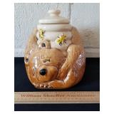 Sleeping Bear w/ Honey Jar Cookie Jar 9" Chipped