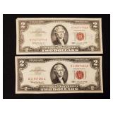 Two 1963 $2 US Note Red Seal