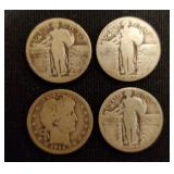 1914 Barber Quarter & 3 Liberty Quarters Silver