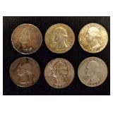 Six 1932-64 Washington Silver Quarters