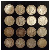 Sixteen 1918-44 Mercury Silver Dimes
