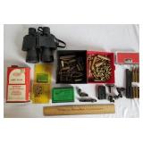 Assorted Ammo, Gun Sight Parts, Powder Can