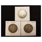 3 Barber Silver Half Dollars 1909 1911 1912