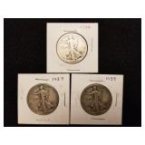 3 Walking Liberty Silver Half Dollars 1934, 37,39