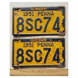 1951 Pennsylvania License Plates Matching Set
