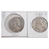 1952 D & 1960 D Franklin Silver Half Dollars