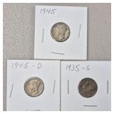 1935 S, 1945 & 1945 D Mercury Silver Dimes