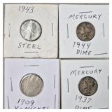 1909 V Nickel, 1937,44 Mercury Dimes, 43 Steel Pen