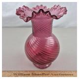 Cranberry Glass Ruffled Swirl Vase 8 & 1/8' H