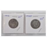 1916 & 1916D Barber Silver Quarters