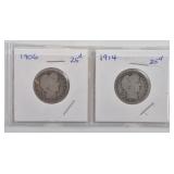 1906 & 1914 Barber Silver Quarters