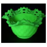 Fenton Glass Basket Weave Uranium Bowl 4 & 1/4" H