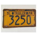 1951 PA Trailer License Plate