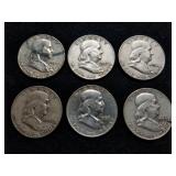 1952-57 Franklin Half Dollars 6pcs