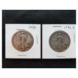 1936 & 1936 S Walking Liberty Silver Half Dollars