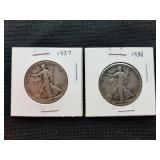 1937 & 1938 Walking Liberty Silver Half Dollars