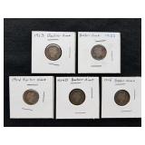 Five Barber Silver Dimes 1913, 13S, 14, 14D, 15
