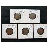 Five Liberty V Nickels 1898, 1900, 08, 11, 12