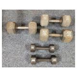 Two 30lb &  One 25lb & Two 8lb Iron Dumbbells