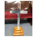 Aluminum Cross On Tiered Wooden Pedestal 31" H