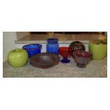 Colorful glass and pottery decor
