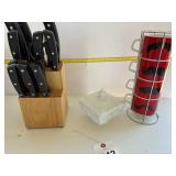 Kitchen knives,  milk glass and cups