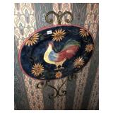 Large Rooster Platter W/ Iron Display Rack