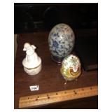 (2) Trinket Boxes + Porcelain Egg and  Riser