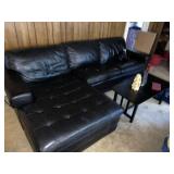 Black Leather Sofa W/ Chaise + Drink Table