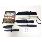 3 Fixed Blade Knives and Survival Manual