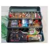 Vintage Metal Tackle Box with Fishing Tackle & Net